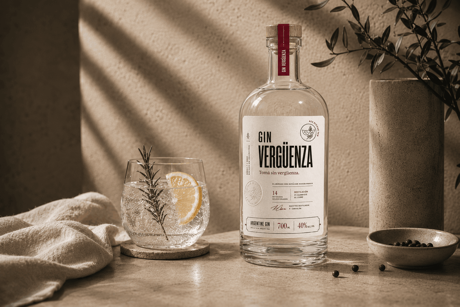 Gin Vergüenza servido sobre mesada de mármol